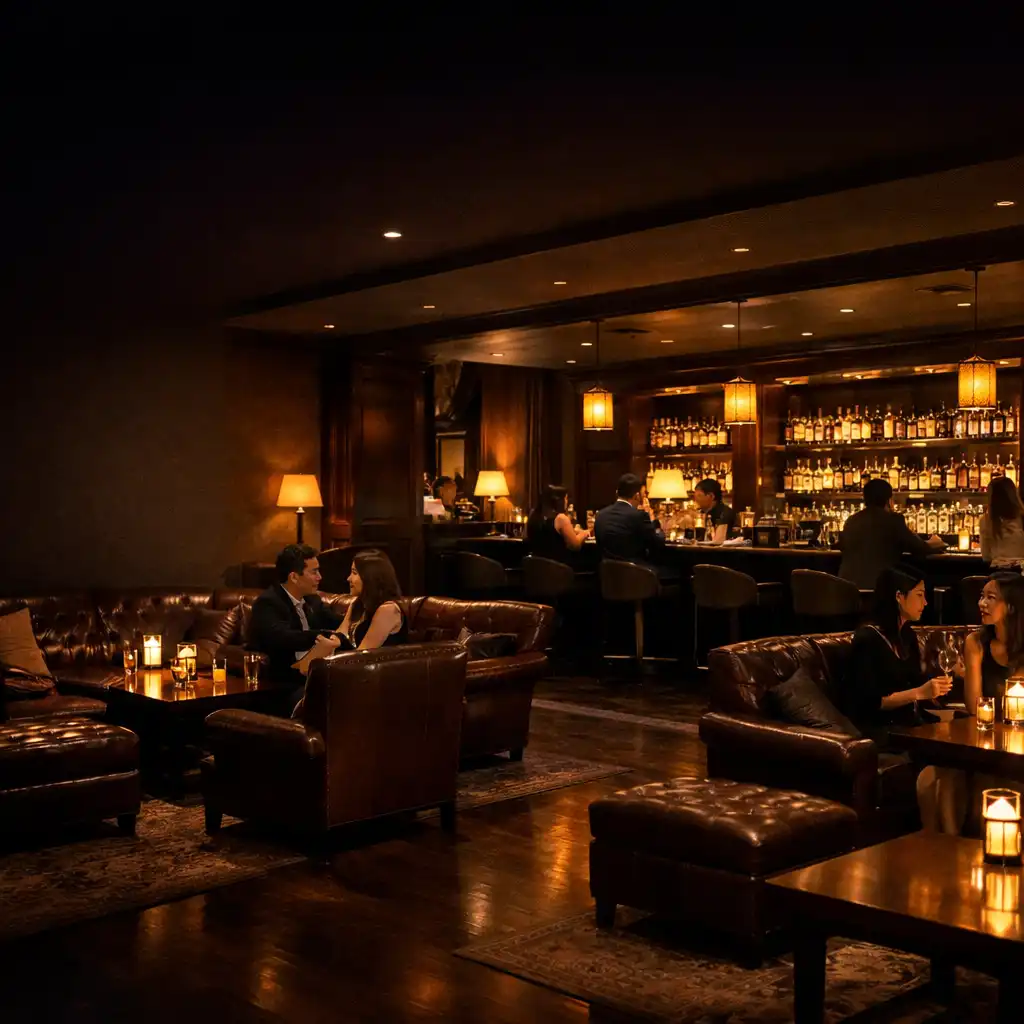 Wide shot of an upscale bar lounge with plush seating and warm lighting