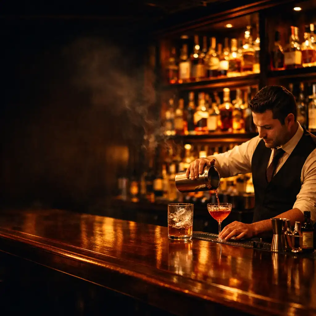 Dimly lit upscale cocktail bar counter with backlit shelves of spirits