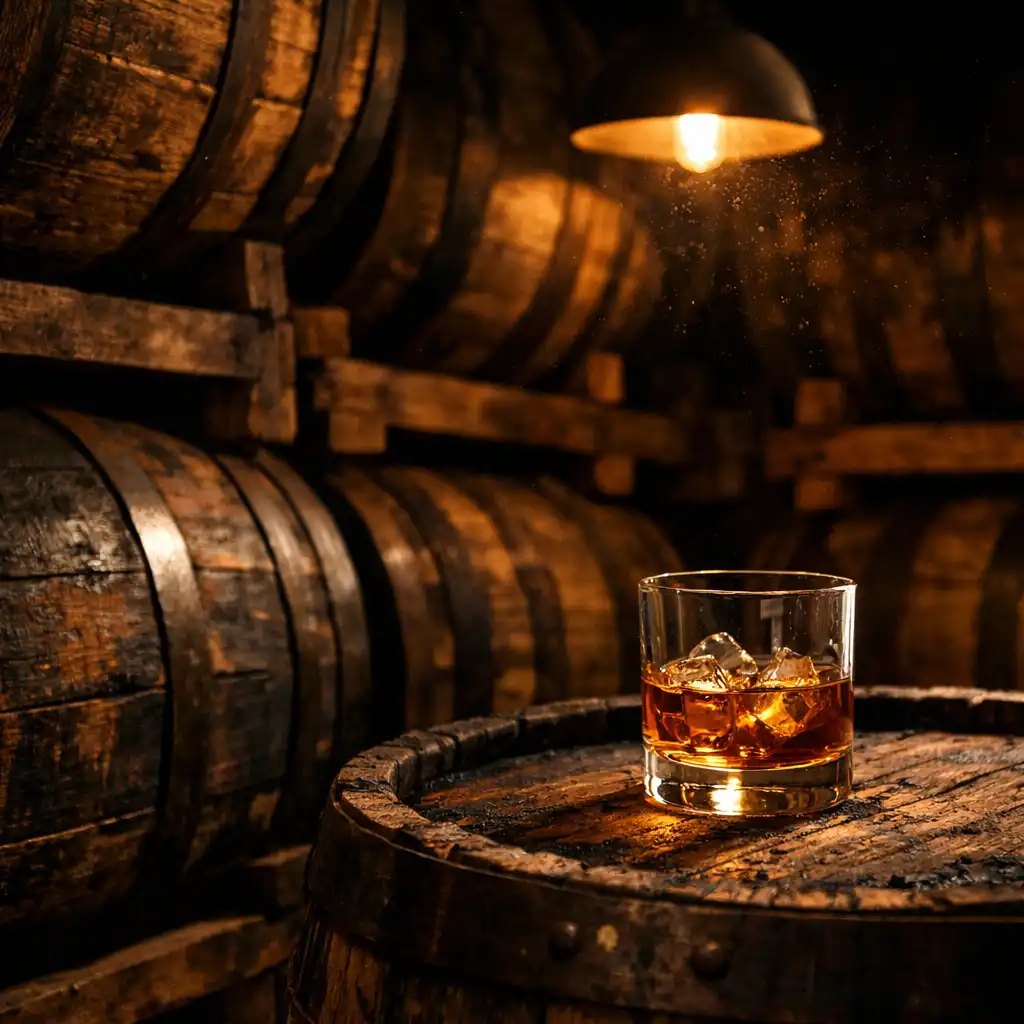 Oak barrels stacked in a dimly lit aging room with a glass of whiskey
