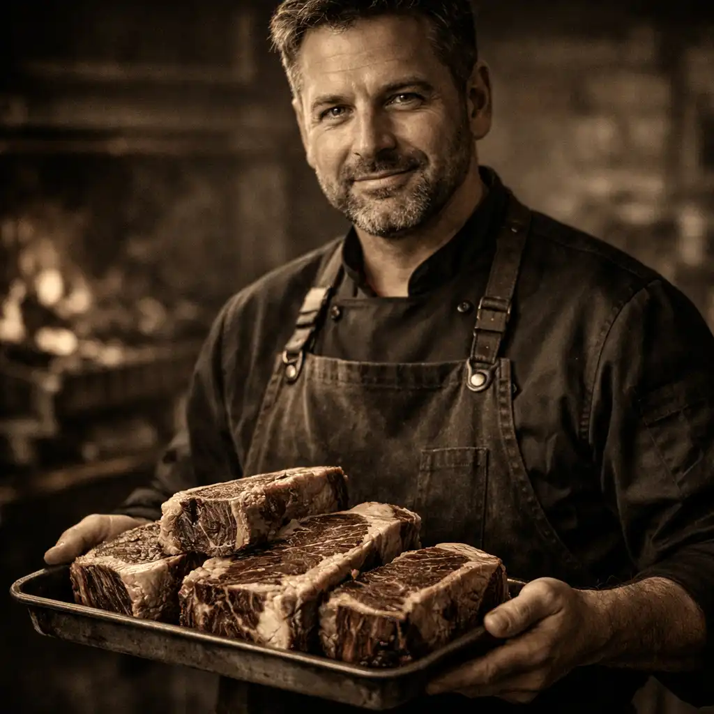 Head chef at Velvetan Donyx holding a tray of dry-aged steaks in the kitchen