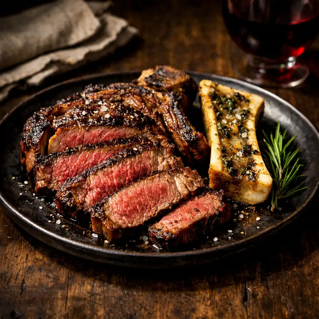 Dry-aged ribeye steak with roasted bone marrow and rosemary on a dark ceramic plate