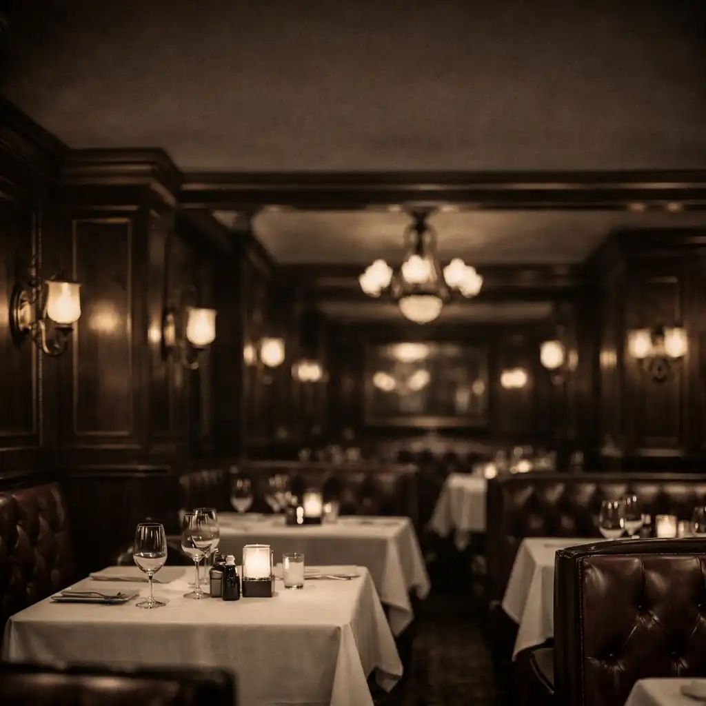 The main dining room at Velvetan Donyx with smoked mahogany panelling, leather booths, and warm amber lighting