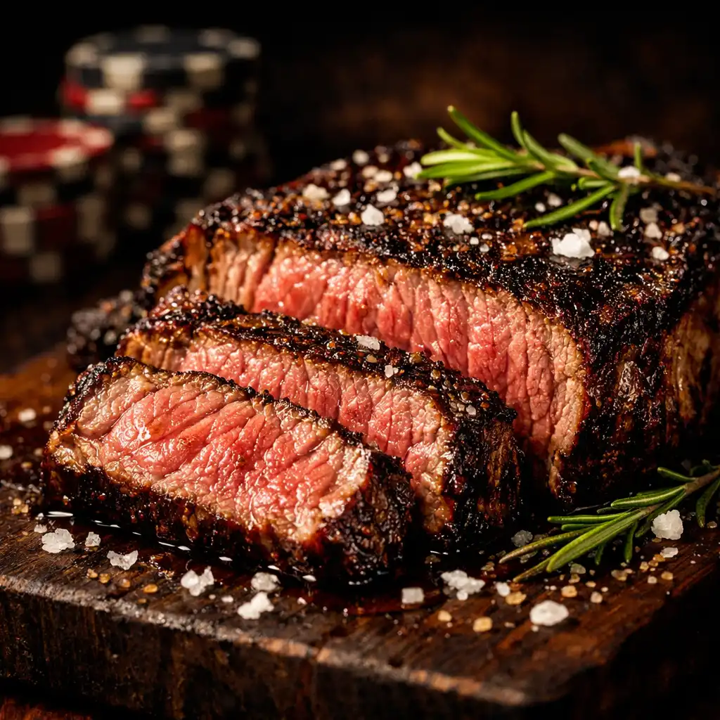 Sliced dry-aged ribeye steak on a dark wooden board with rosemary and flaky salt