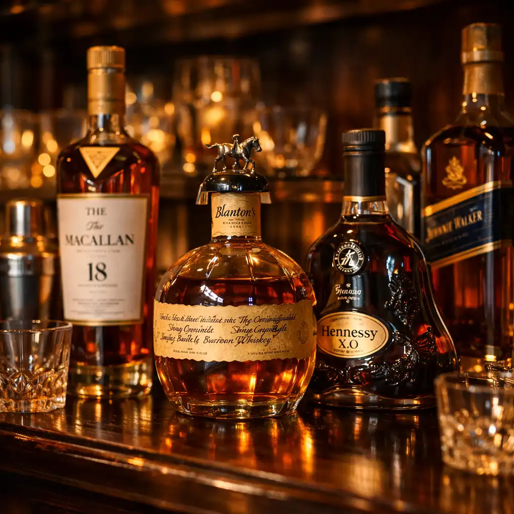 Backlit bar shelf filled with premium spirits and glassware, with warm light glowing through amber bottles