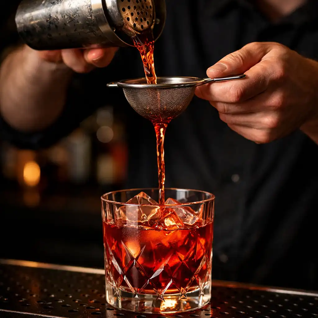 Bartender pouring a craft cocktail into a crystal glass, with dark blurred bottles and soft glow in the background