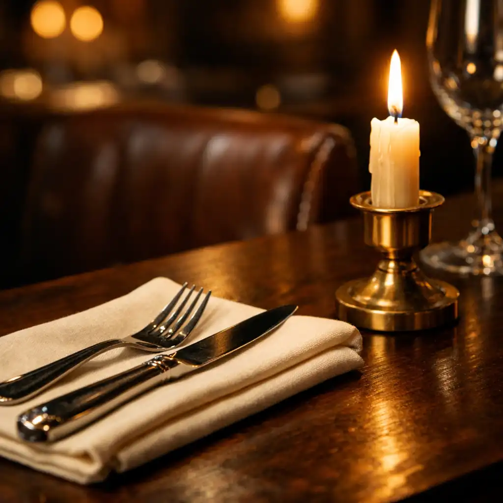 Close-up of a dining table setting with dark wood, cream napkin, polished silverware, and a lit candle in a brass holder