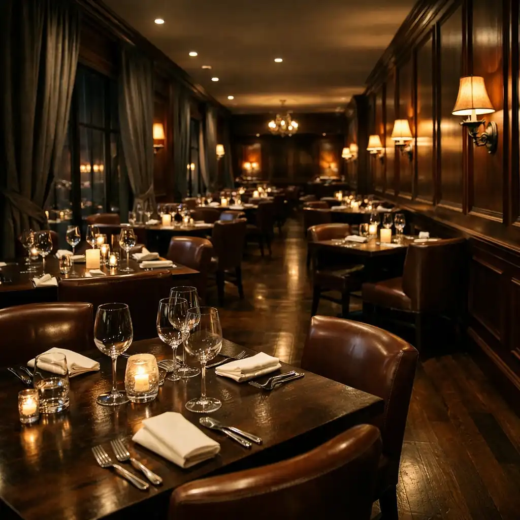 Wide-angle view of the dining room from a corner, showing leather chairs, dark wood floors, and smoked mahogany paneling