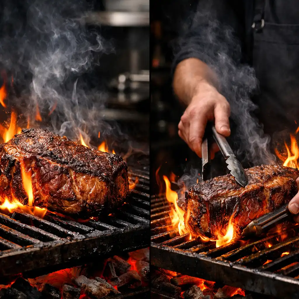 A dry-aged steak searing on a wood-fired grill with flames and smoke rising into the dark kitchen