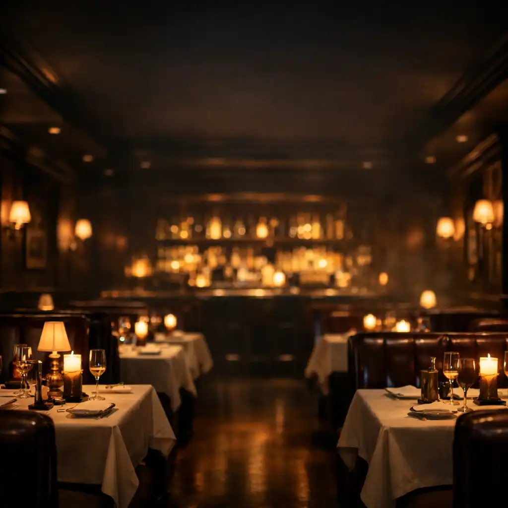 Wide-angle view of the Velvetan Donyx dining room at night, with dark wood, leather booths, candlelit tables, and a softly glowing bar in the background