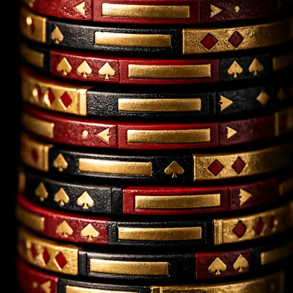 Macro photograph of a stack of tournament poker chips in deep red, black, and gold with intricate edge patterns