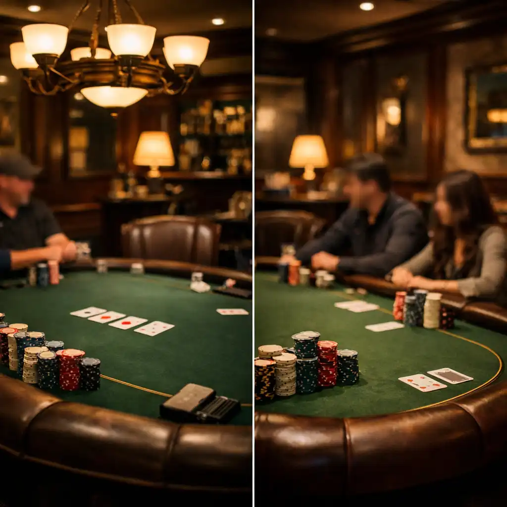 Wide-angle view of the upscale poker lounge with a green felt table, leather chairs, dark wood paneling, and soft ambient lighting