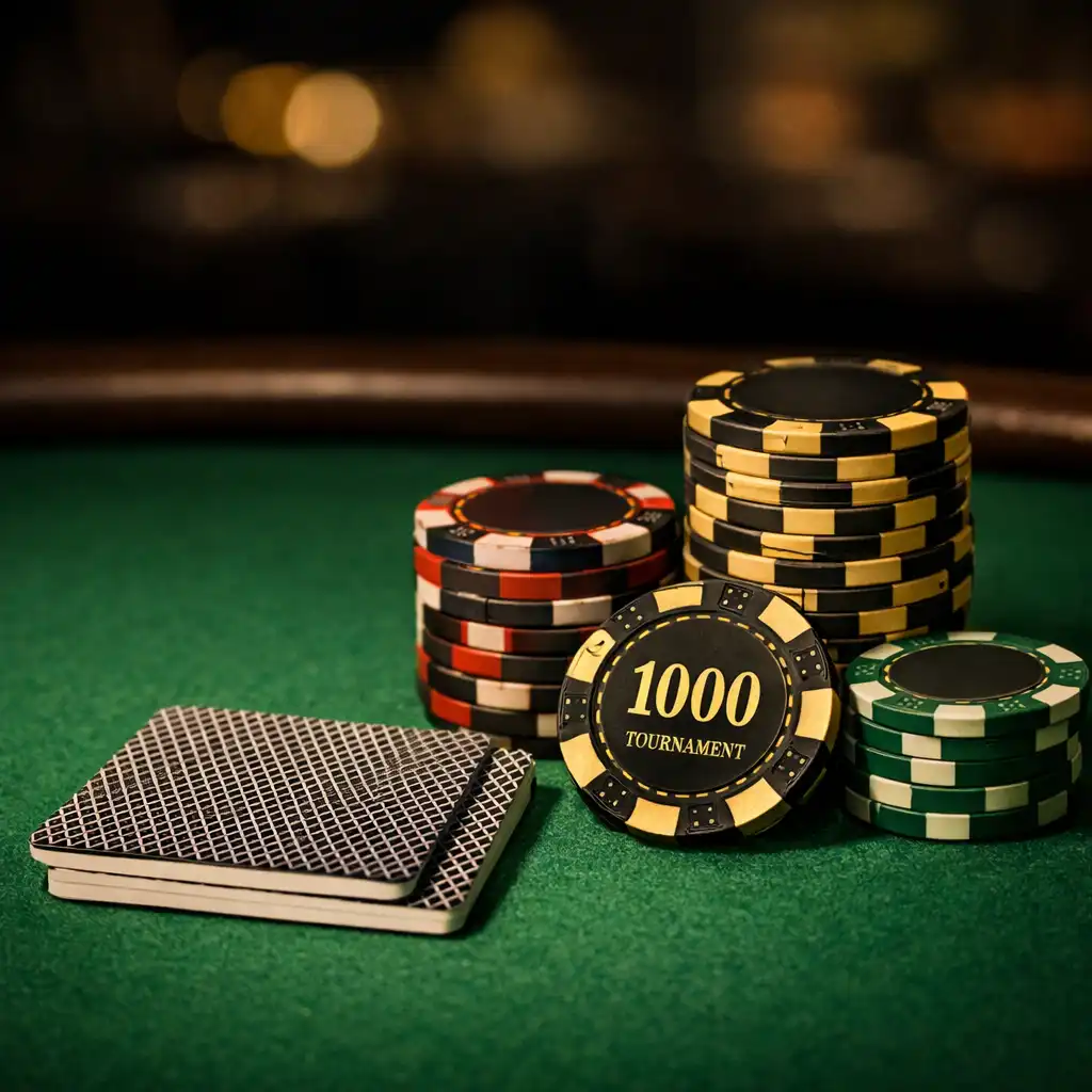 Close-up of a poker table surface with green felt, neatly stacked tournament chips, and playing cards face down