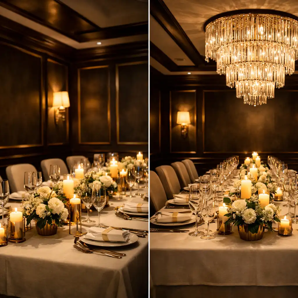 Private dining room set for a special event with a long table, elegant place settings, upholstered chairs, and a statement chandelier