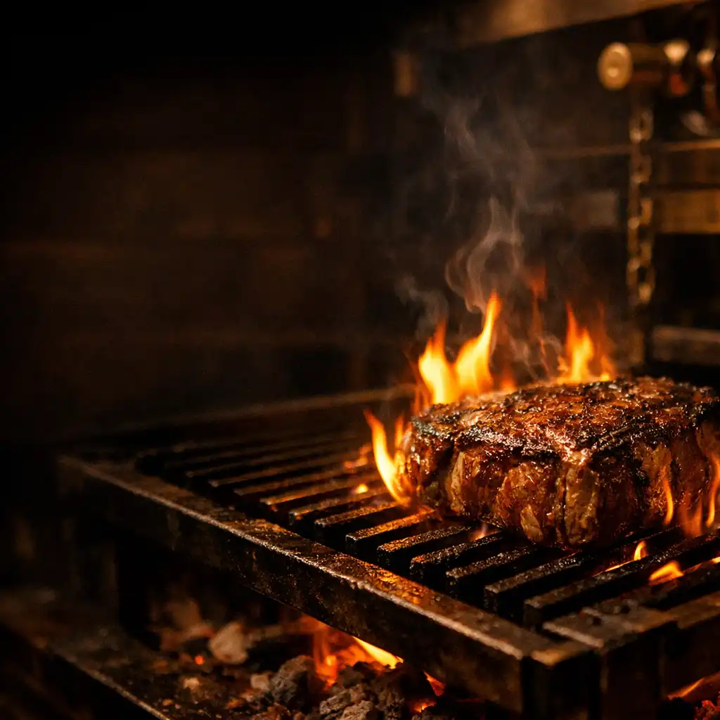 Woodfired grill with a dry-aged steak over open flame in the Velvetan Donyx kitchen