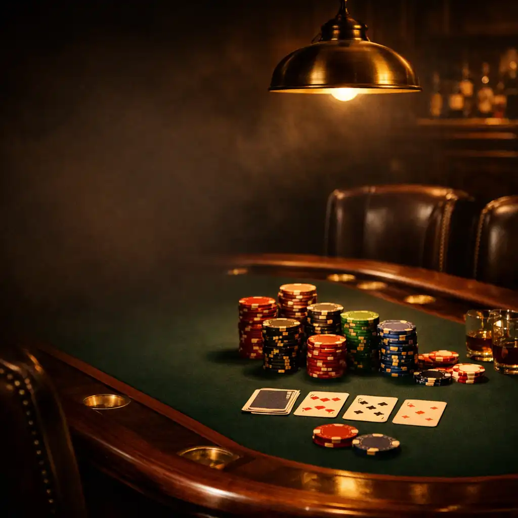 Mahogany poker table with leather chairs and gold-stamped chips in a dimly lit lounge