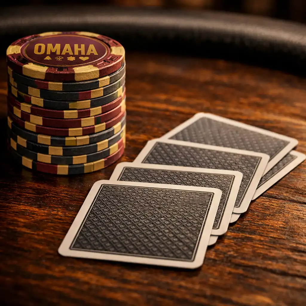Macro shot of Omaha poker chips and four hole cards on a dark wooden table