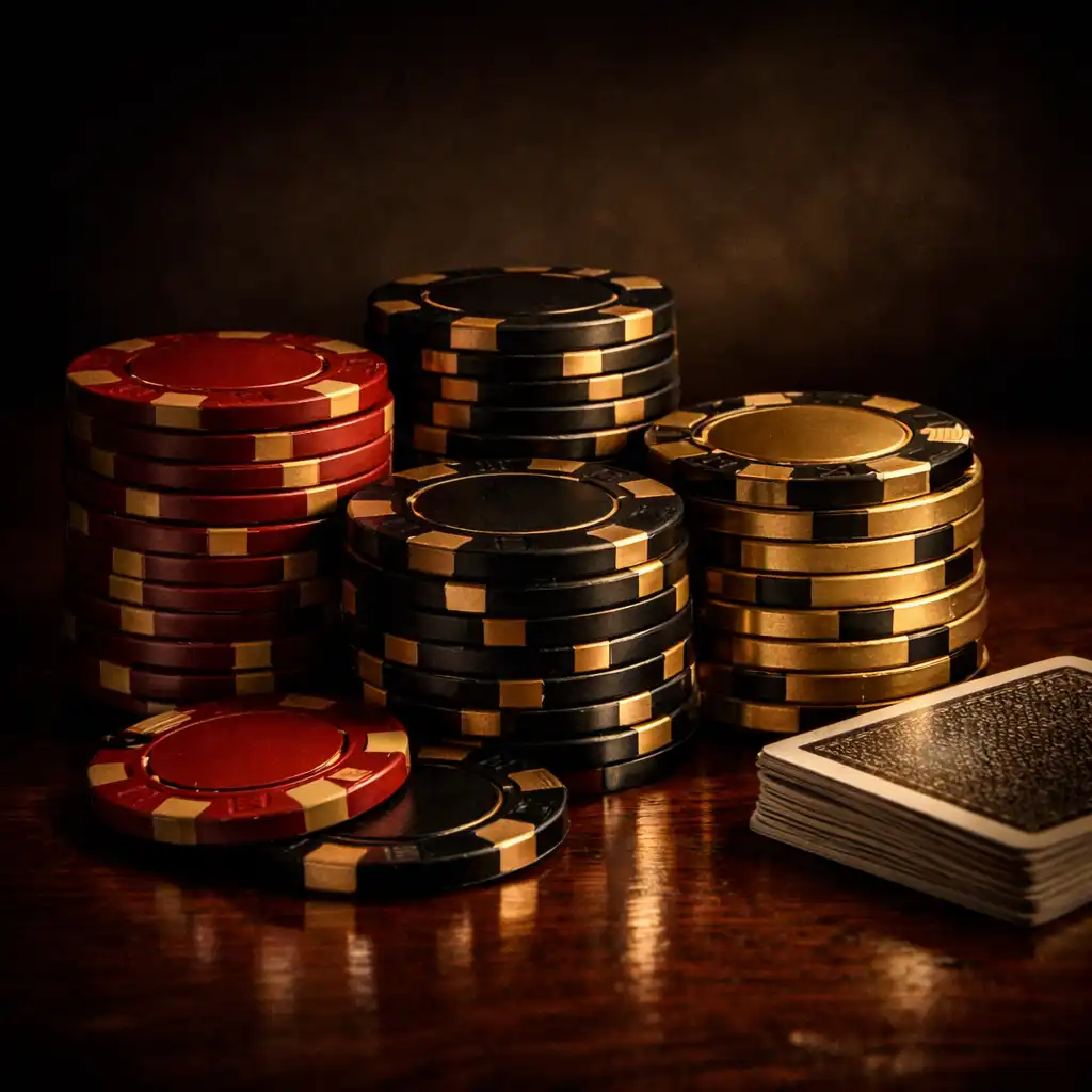 Close-up of high-quality poker chips stacked on a dark mahogany table with a few cards face down nearby