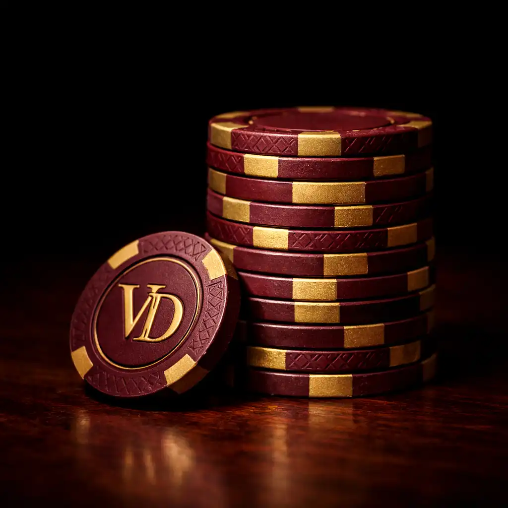 Stack of 14-gram clay poker chips with gold VD monogram on dark mahogany