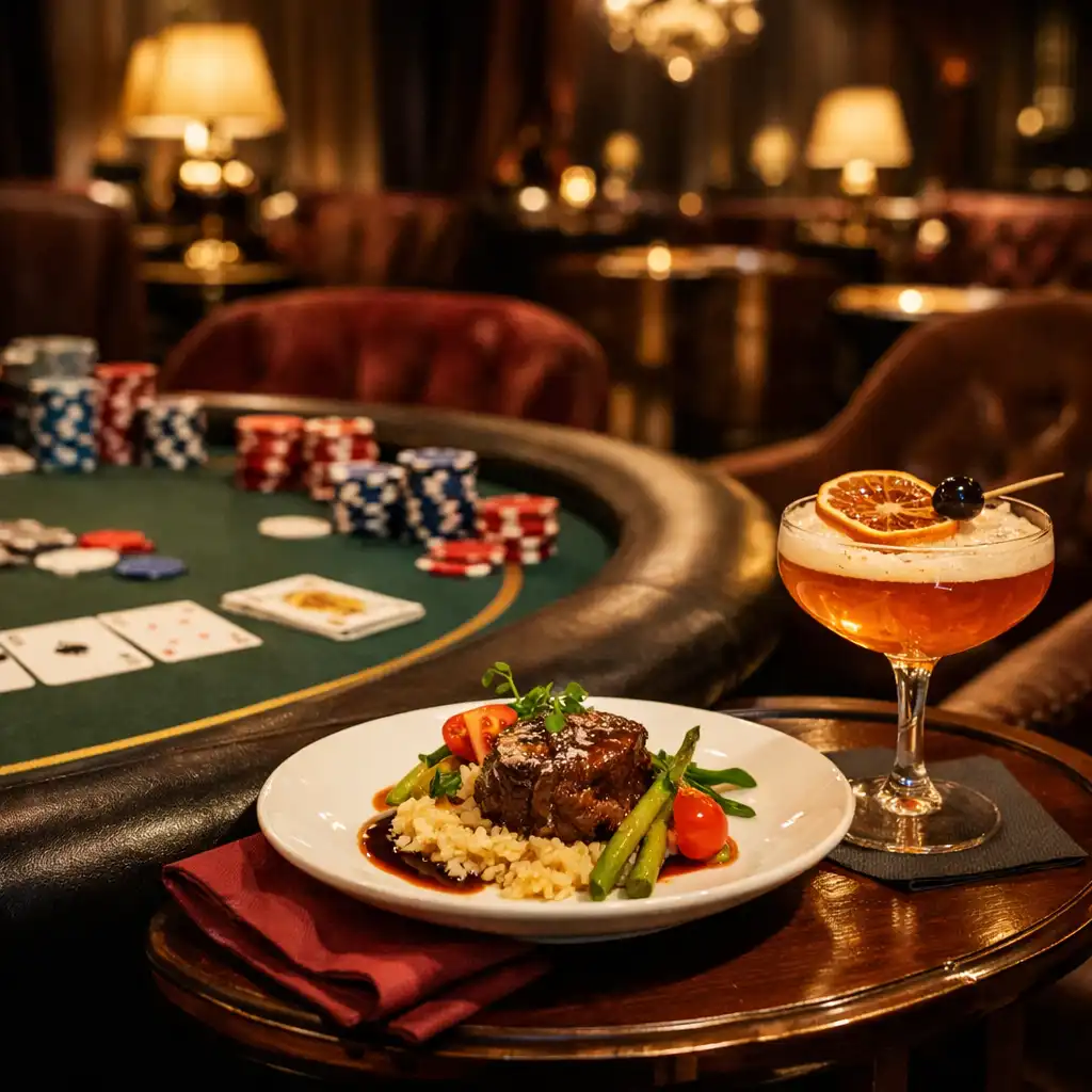 Poker table with gourmet food and a craft cocktail on a side table in the lounge
