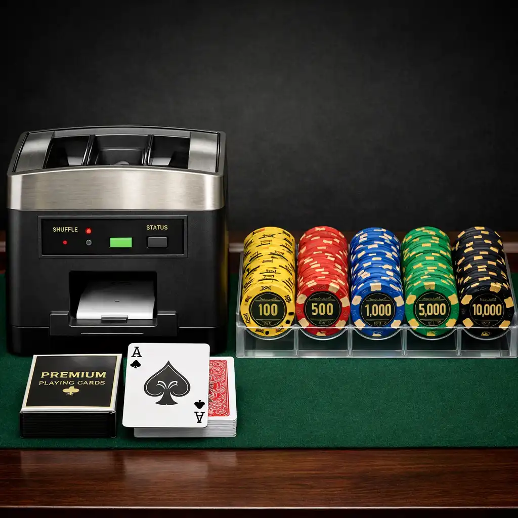 Casino-grade poker equipment including an automatic shuffler, deck of cards, and clay chips