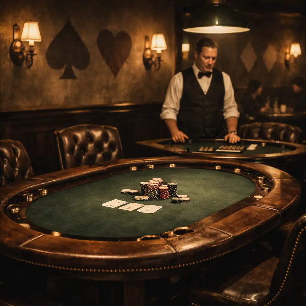 The poker lounge at Velvetan Donyx with custom tables, green felt, and a dealer standing behind one table
