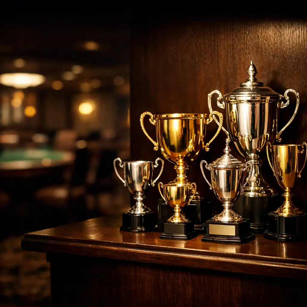 Display of elegant gold and silver trophies on a dark wooden shelf