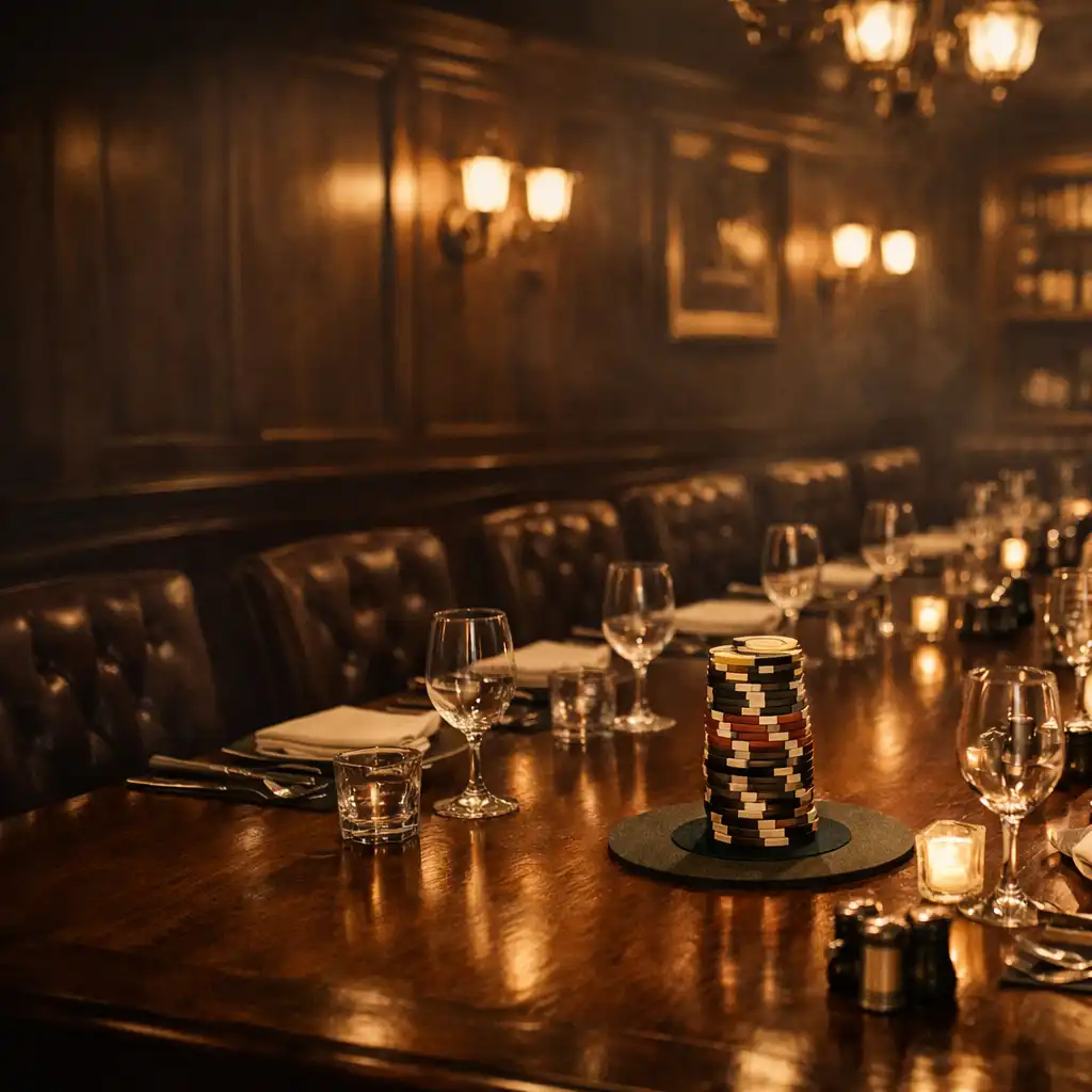 Luxurious private dining room with a long mahogany table, elegant tableware, and a poker chip stack centerpiece under warm brass lighting