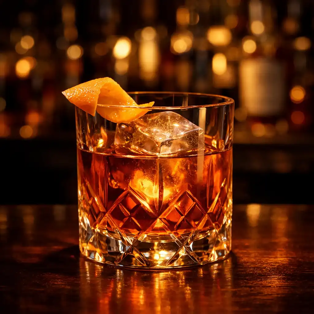 Amber craft cocktail in a crystal glass with a large ice cube and orange twist