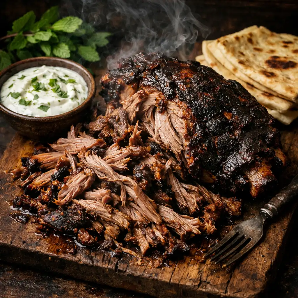 Smoked lamb shoulder pulled apart on a wooden board with minted yogurt and flatbread
