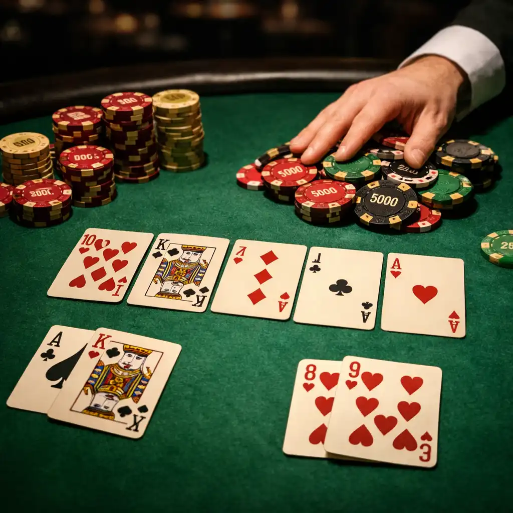 Close-up of a Texas Hold'em poker table with community cards and clay tournament chips