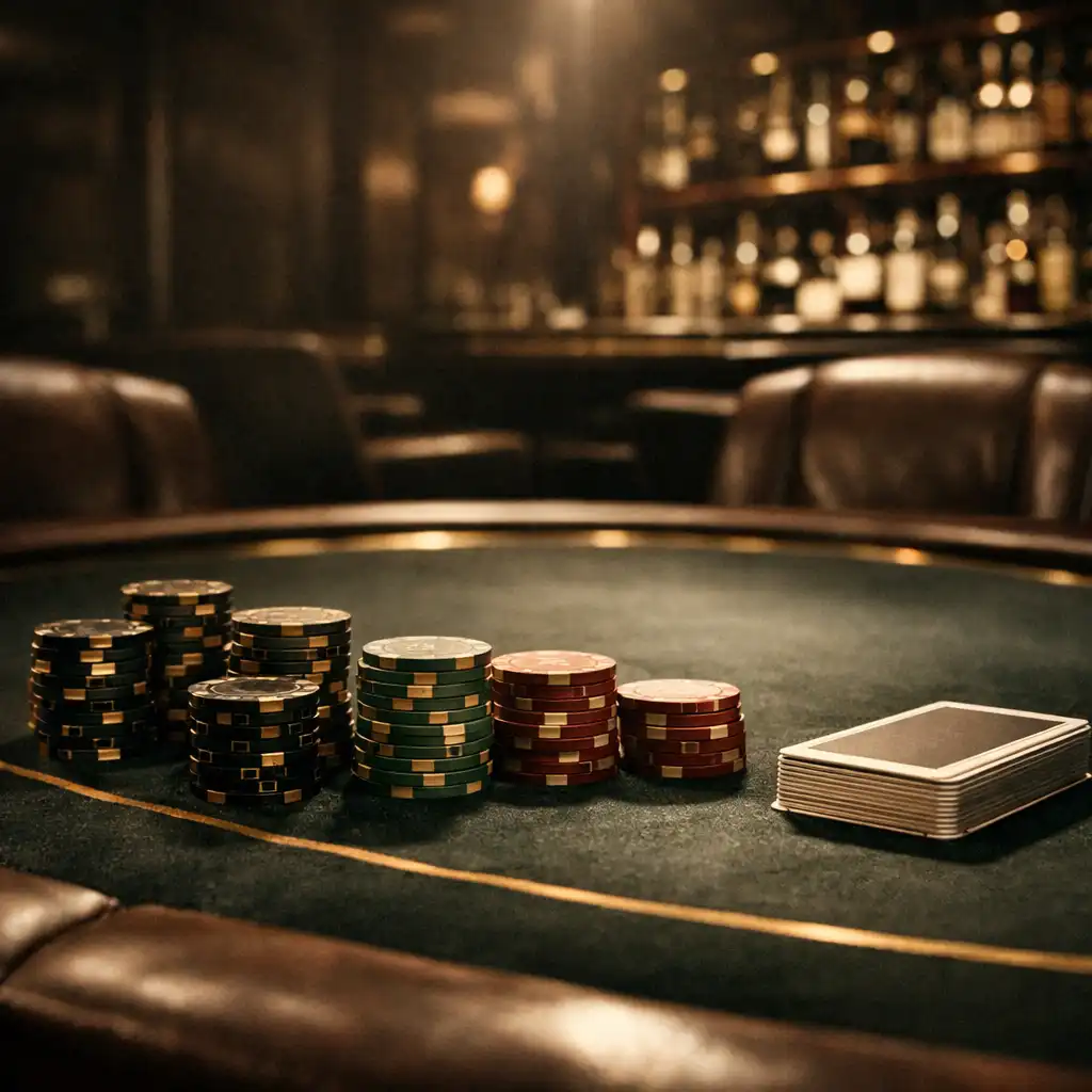Professional poker table in a VIP lounge with green felt, gold-accented chip stacks, and a deck of cards under moody lighting