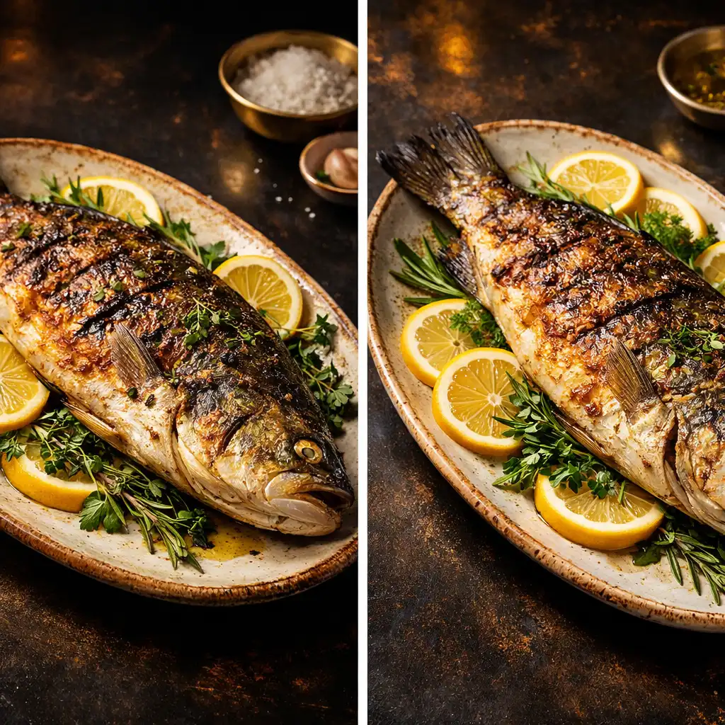 Whole roasted barramundi with lemon slices and herbs on a rustic ceramic platter